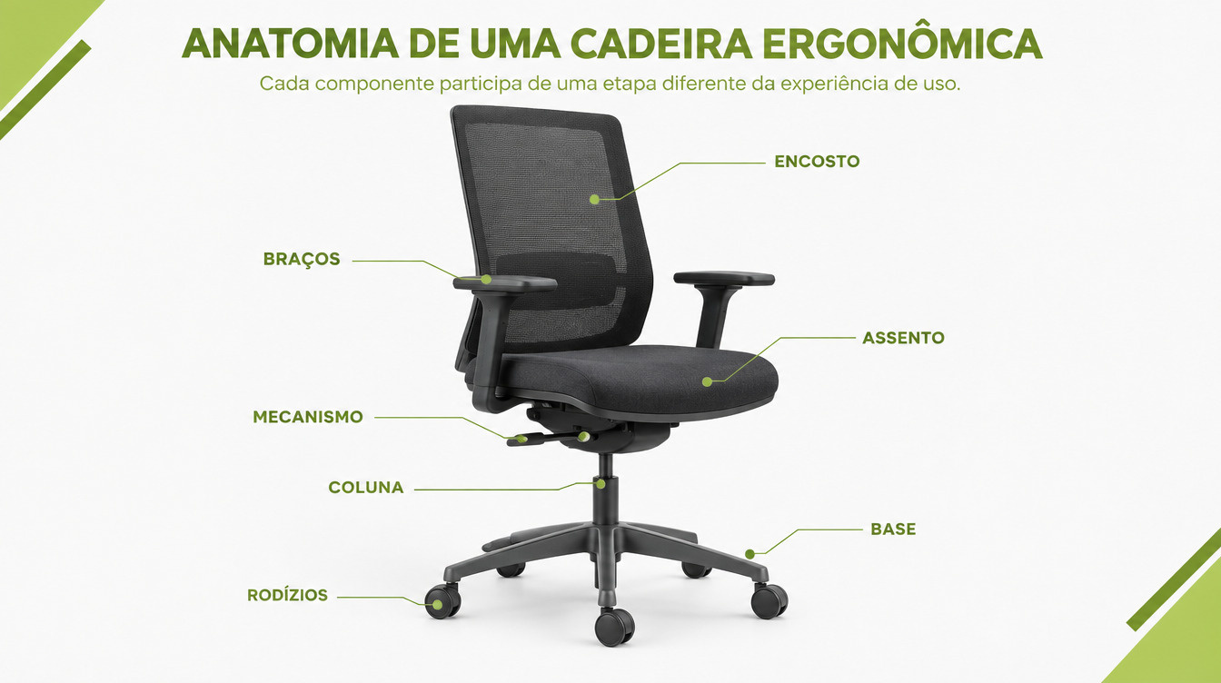 Assento, encosto, braços, mecanismo e base trabalham juntos