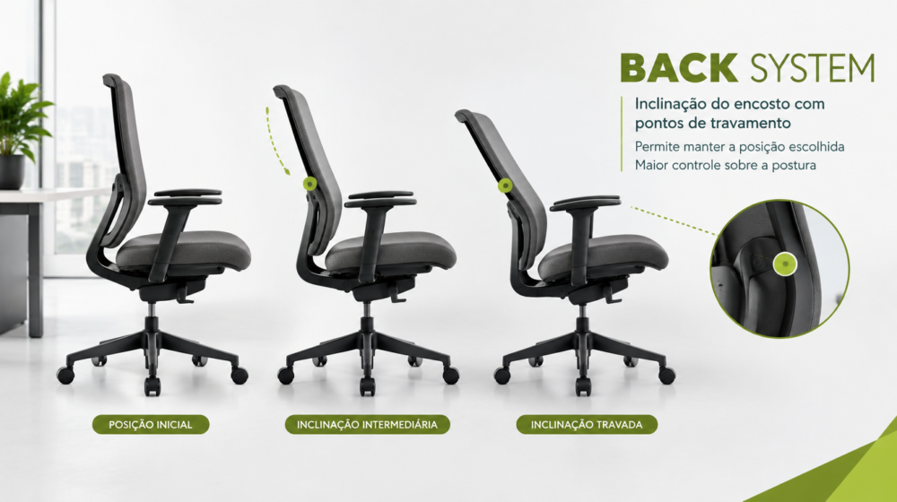 Back System de cadeira Linea Office com inclinação e pontos de travamento