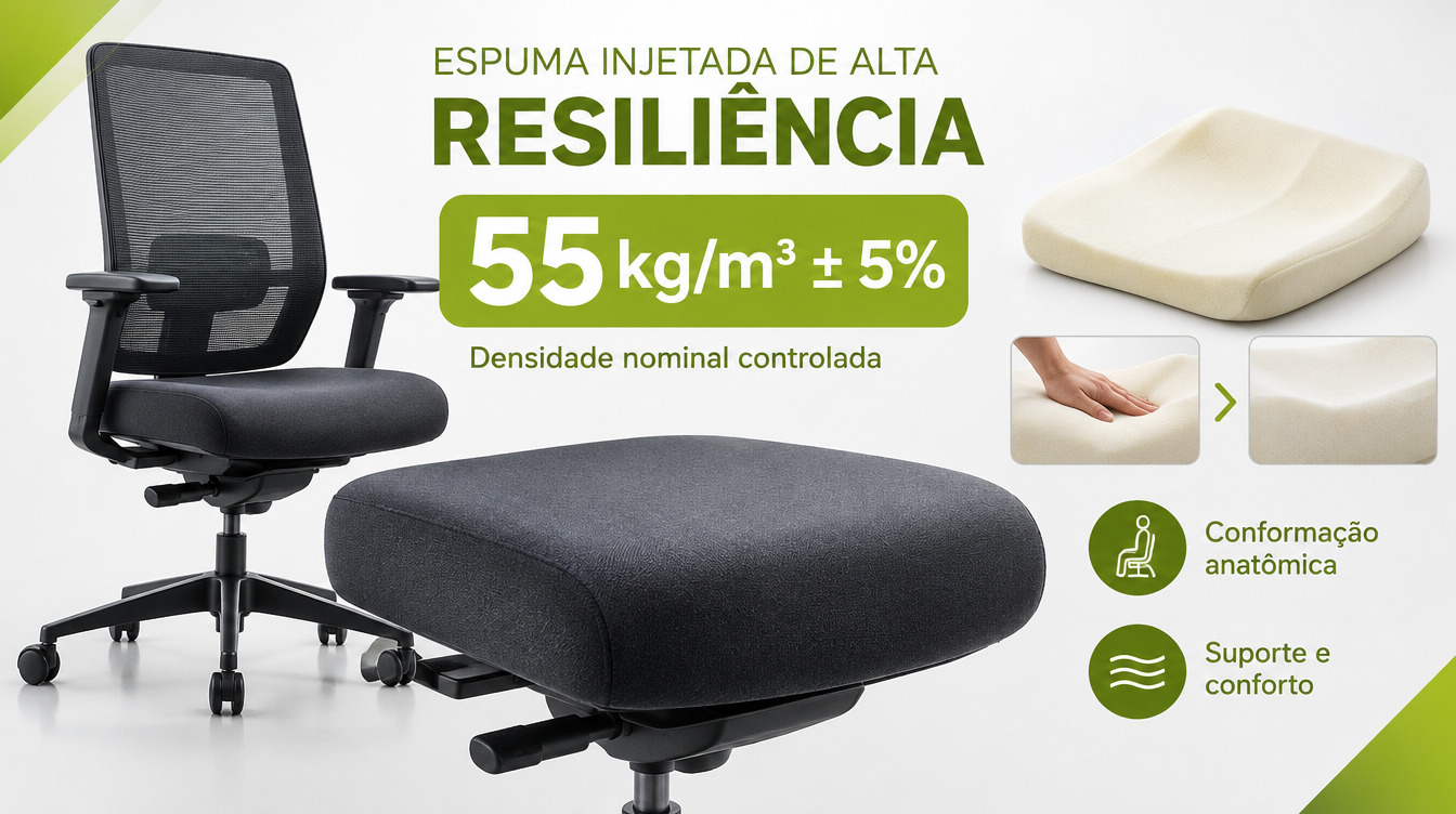 Espuma injetada de alta resiliência com densidade nominal de 55 kg por metro cúbico