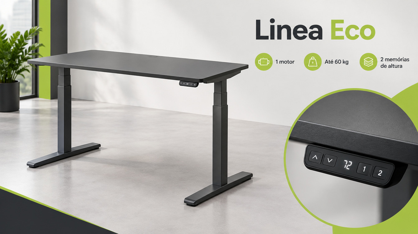 Mesa elétrica Linea Eco com painel digital e duas memórias de altura