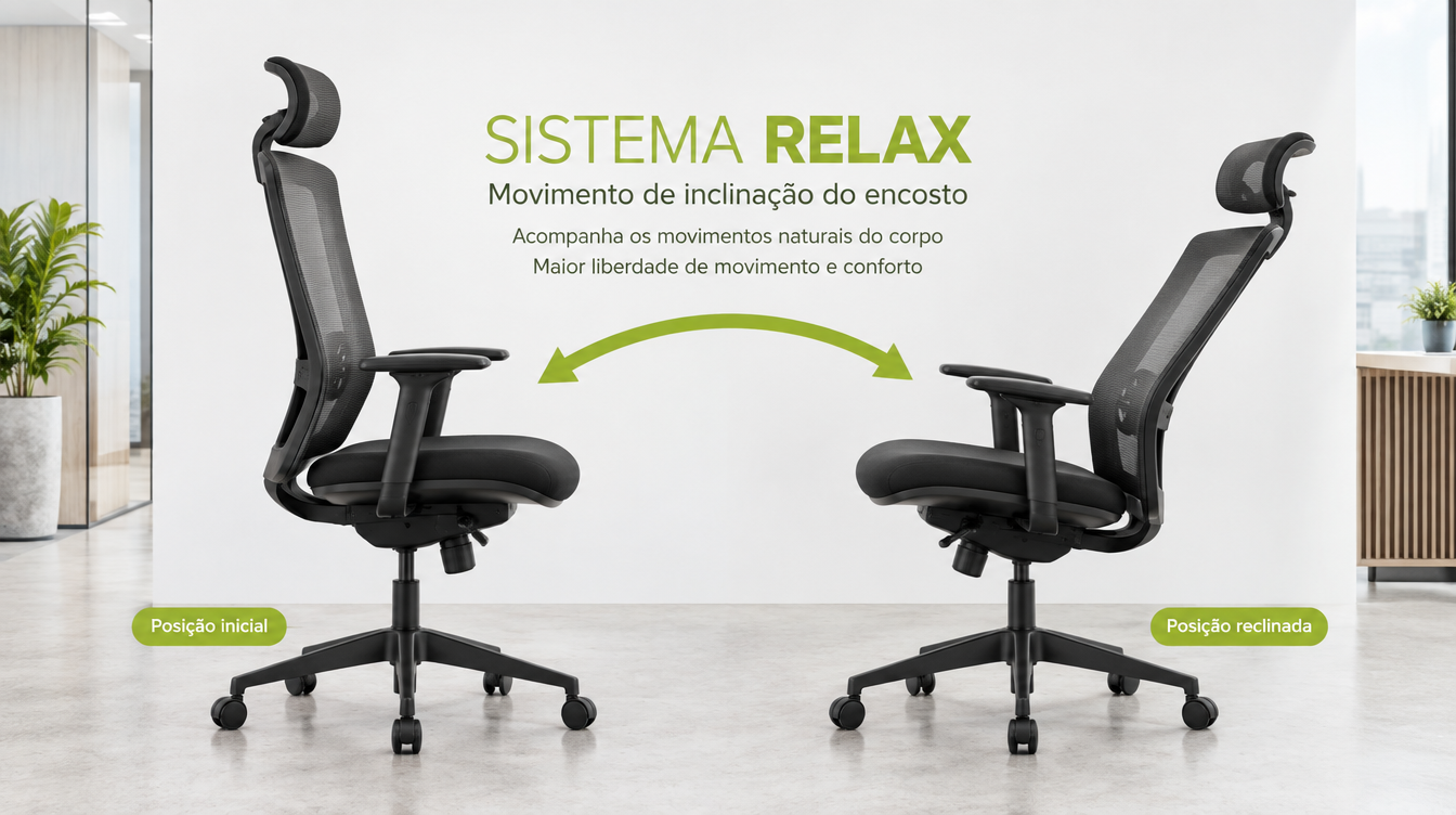 Sistema Relax da cadeira Linea Office mostrando a inclinação do encosto