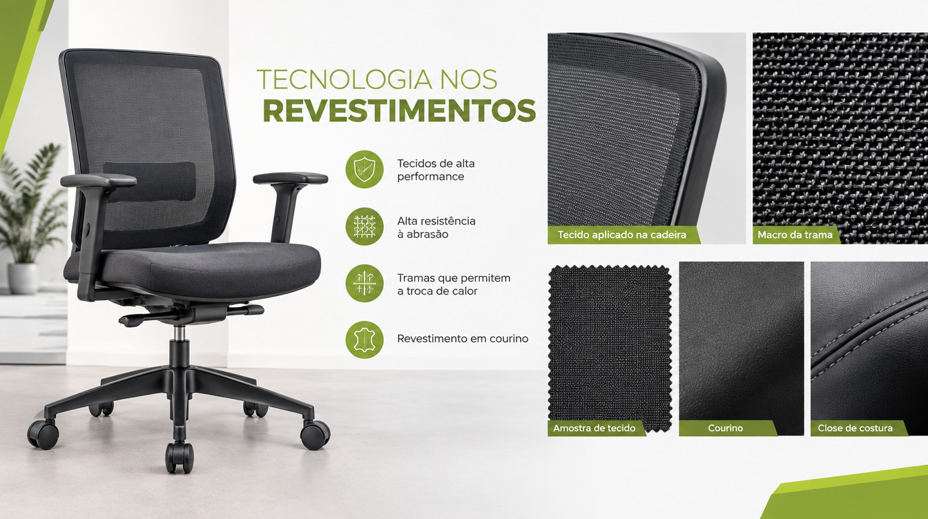 Tecidos de alta performance e revestimento em courino para cadeiras Linea Office
