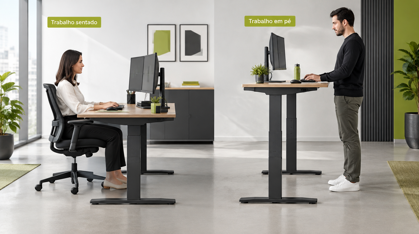 Comparação ilustrativa de trabalho sentado e em pé em mesa de altura regulável