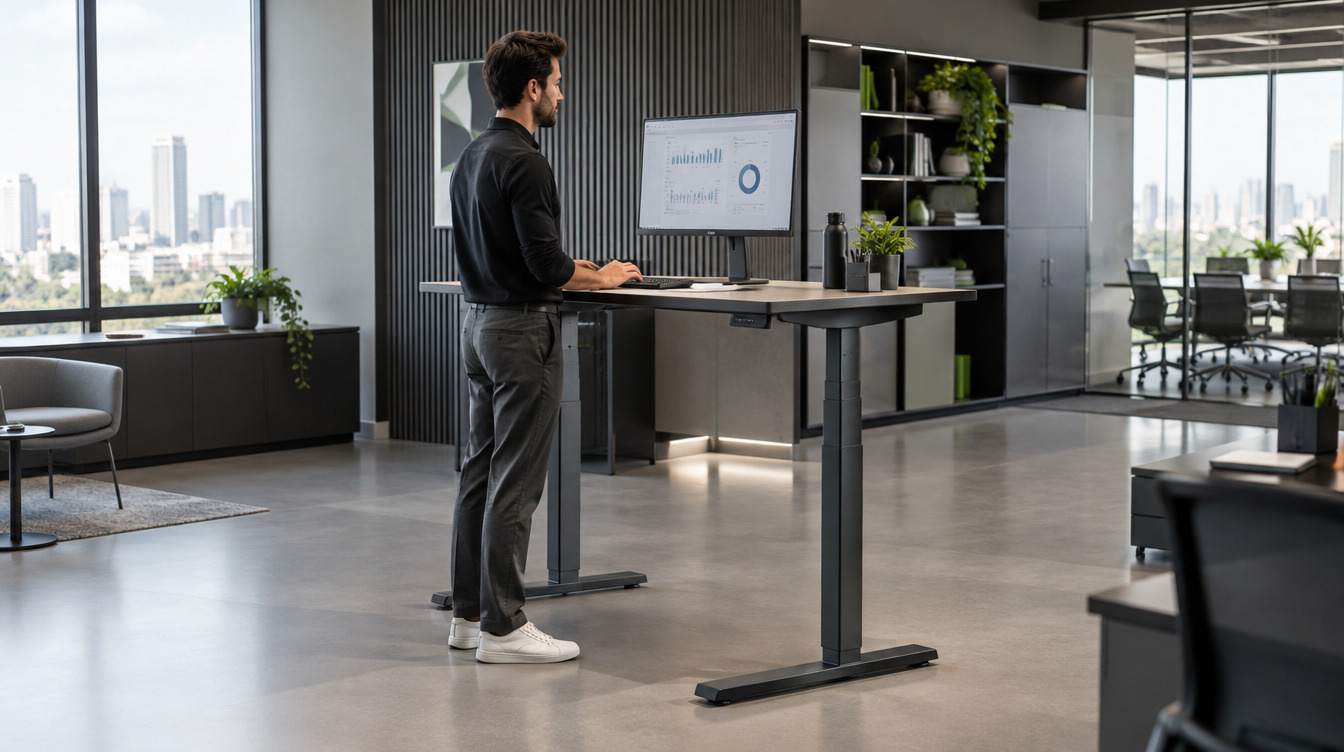 Mesa de altura regulável Linea Office em escritório corporativo moderno